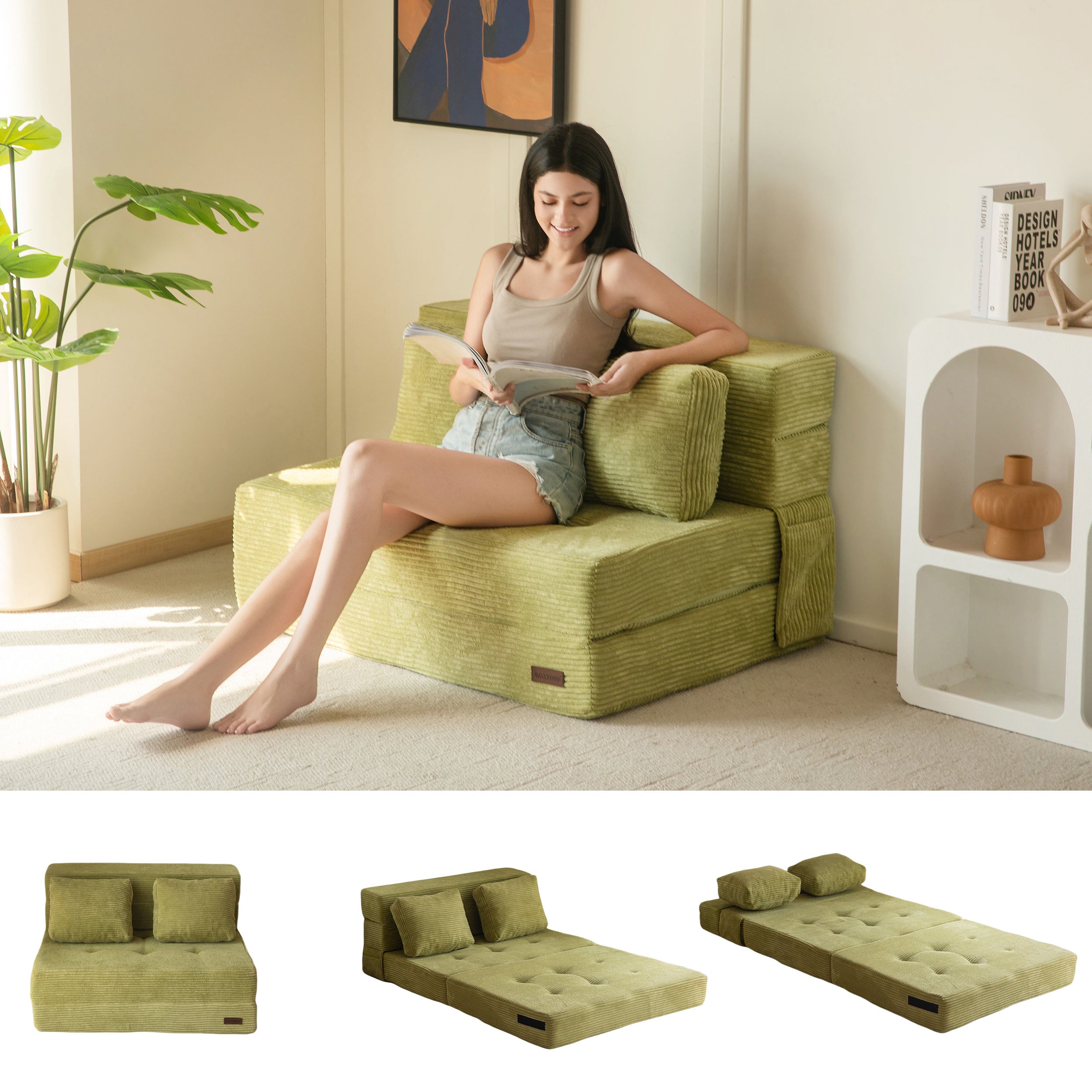 MAXYOYO 3-in-1 Convertible Sofa Bed - Foldable Single Sleeper Couch with Pillow, Foam Floor Lounger & Lazy Chair for Living Room, Bedroom & Guest Room (Green) | Perfect for Small Spaces, Overnight Guests & Cozy Relaxation
