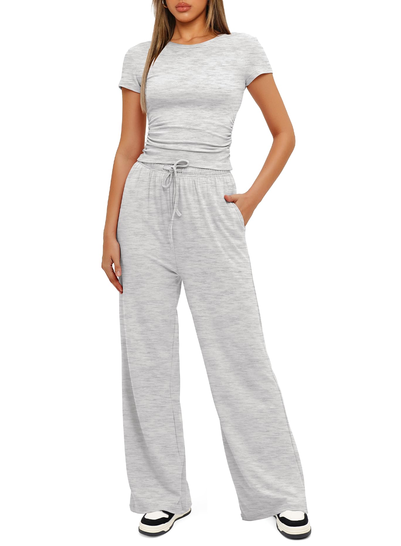 Darong Women's 2 Piece Lounge Set - Ruched Short Sleeve Top & High Waisted Wide Leg Pants - Soft Casual Tracksuit for Home, Yoga, Travel & Everyday Wear