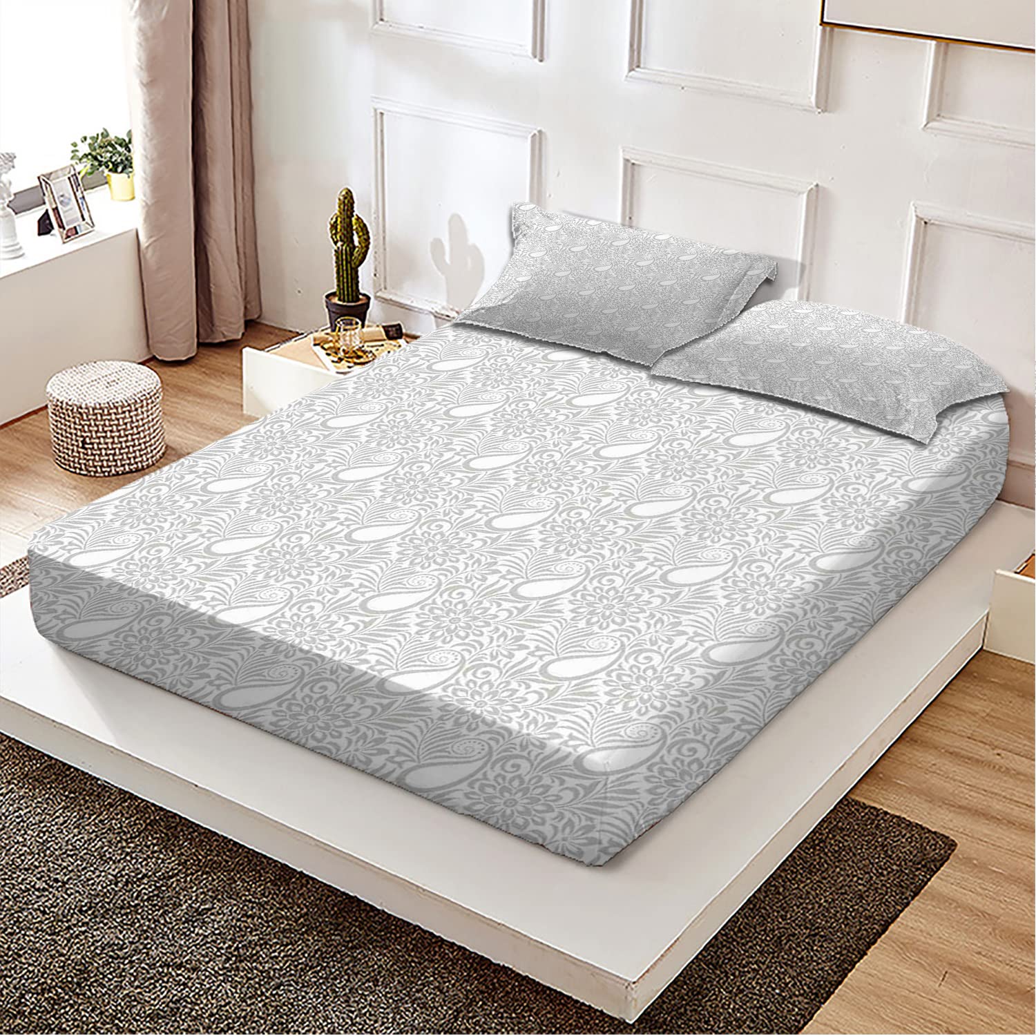 Paisley King Fitted Sheet & Pillow Sham Set - Abstract Floral Leaf Pattern 3-Piece Bedding Decor, Deep Pocket Sheets (White) | Perfect for Master Bedroom, Guest Room & Bohemian Home Decor