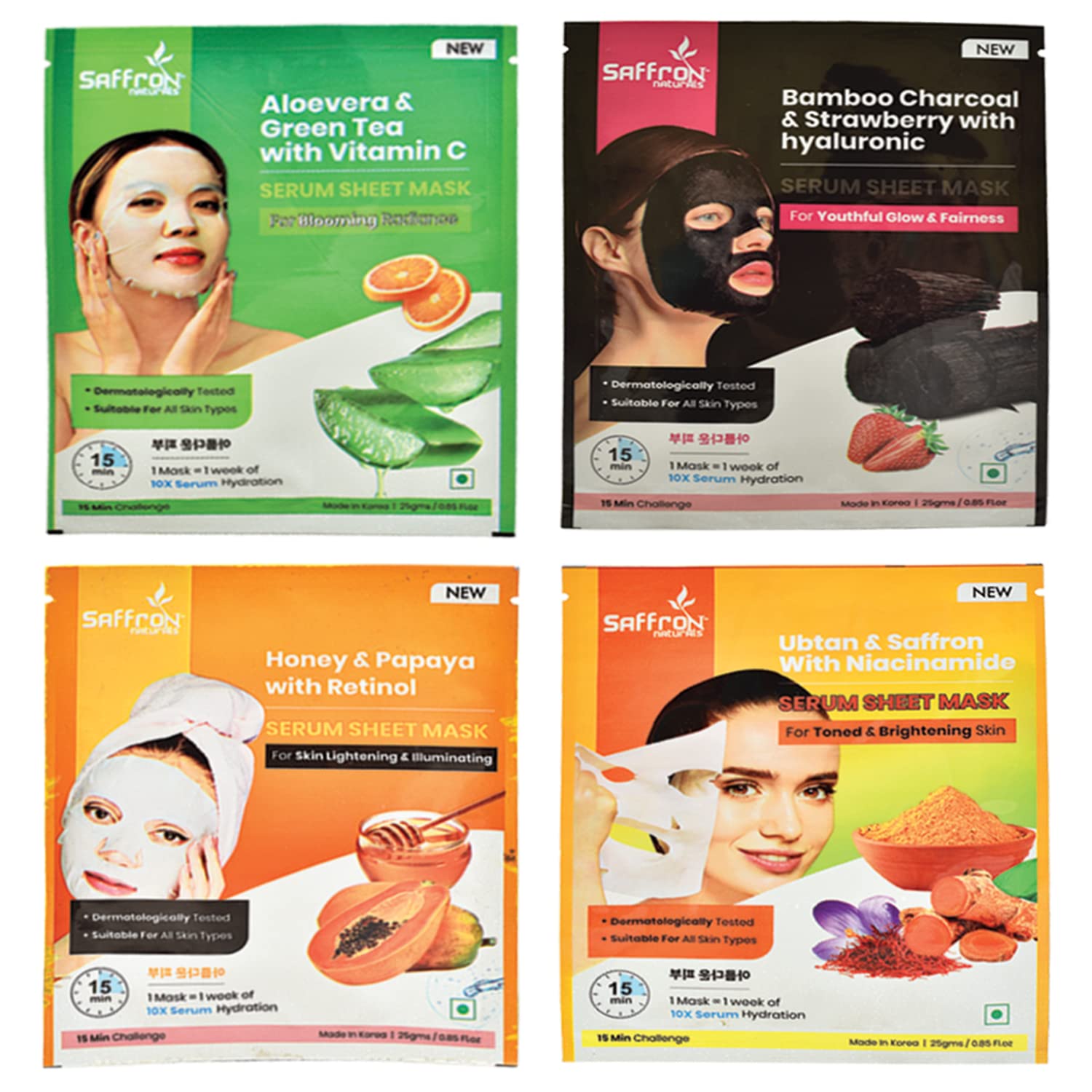 **Saffron Naturals Aloe Vera Green Tea, Bamboo Charcoal Strawberry, Honey Papaya & Ubtan Saffron Face Sheet Mask Set - 4 Pack (25g Each) for Hydration, Detox & Brightening - Perfect for Daily Skincare & Spa Nights**