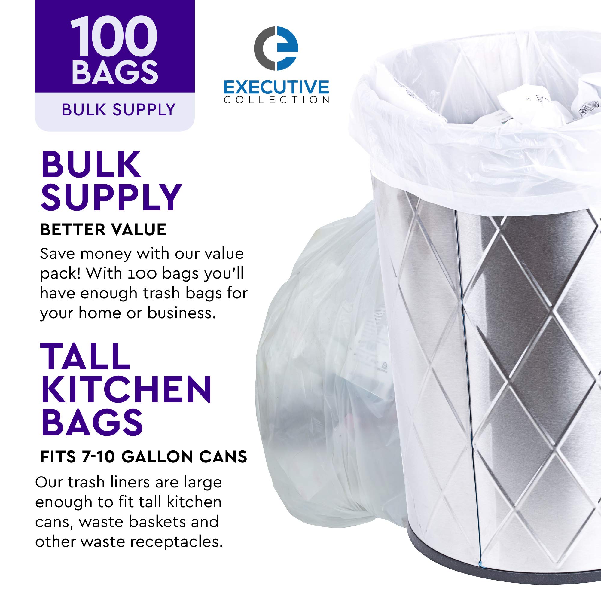 Executive Collection Clear 7-10 Gallon Trash Bags Bulk Pack (100 Count) - Medium Size Garbage Bin Liners for Office, Bedroom & Kitchen Waste Baskets - Perfect for Home, Office & Commercial Use