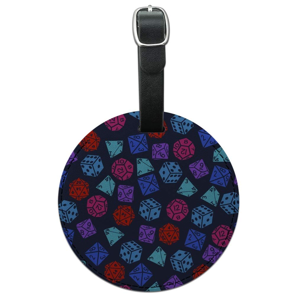 Dungeon Dice Pattern Leather Luggage Tag - Dragon Themed Round ID Card Holder for Travel Bags & Backpacks | Perfect for Gamers, Fantasy Lovers & RPG Enthusiasts
