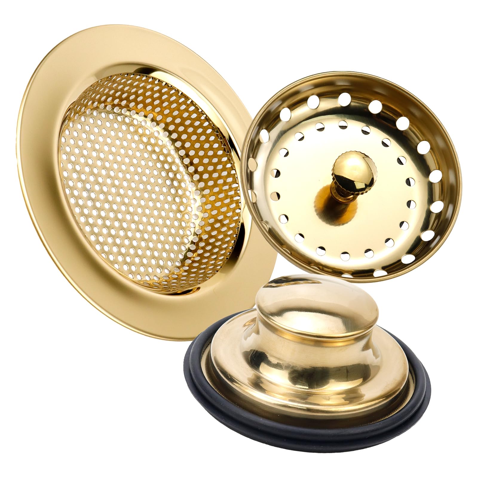 Antrader 3Pcs Gold Stainless Steel Kitchen Sink Drain Strainer & Stopper Set - Durable Sink Basket Filter for Food Waste, Hair Clog Prevention - Perfect for Kitchen, Bathroom, RV & Camper Use