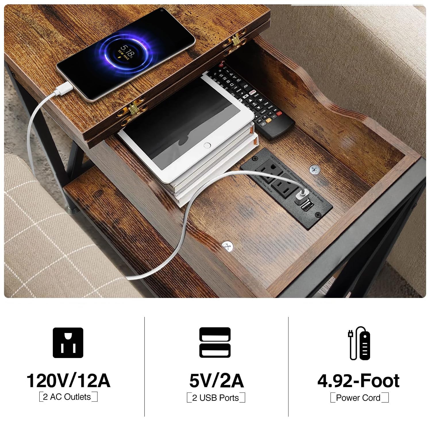 **TooCust Set of 2 Narrow End Tables with Charging Station – 11.2