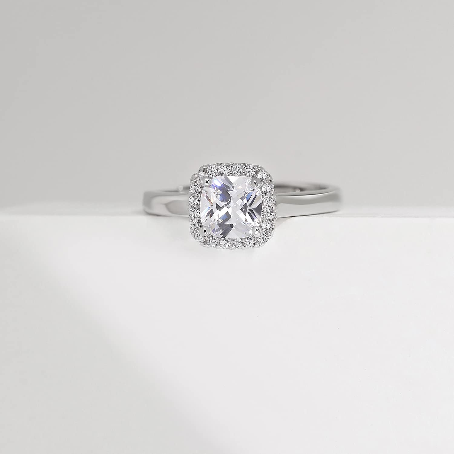 1.5 CT Halo Cushion Cut Cubic Zirconia Engagement Ring for Women - 925 Sterling Silver Wedding Band, Promise Ring, Size 3-10 (Silver) - Perfect for Proposals, Anniversaries & Special Occasions