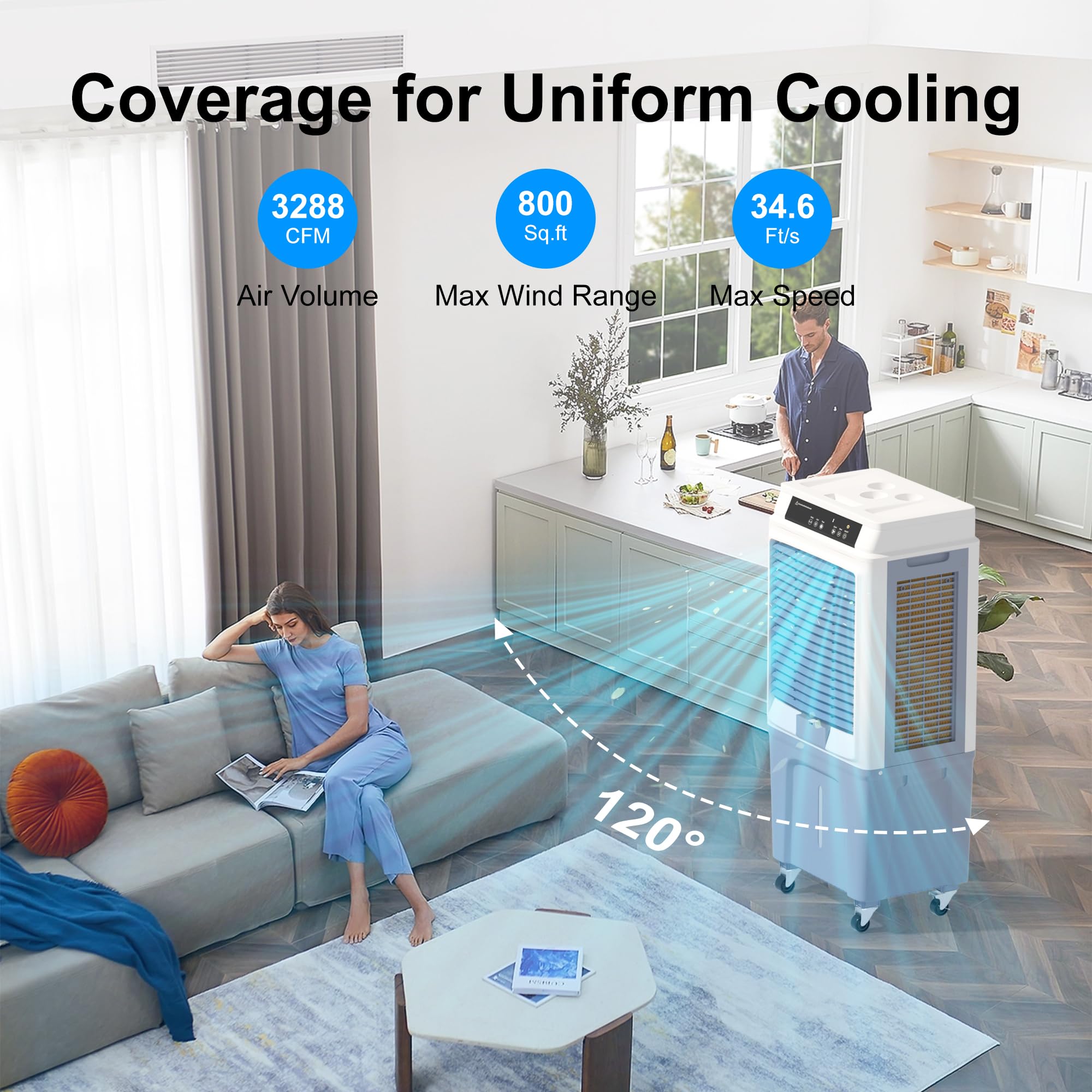 3288CFM Evaporative Air Cooler with 10.6-Gal Water Tank - Portable Swamp Cooler with Water Level Alarm, 3 Speed Settings & 12H Timer - Indoor Outdoor Air Conditioner Alternative for Patio, Garage, Workshop, and Home Cooling (42 Inch)