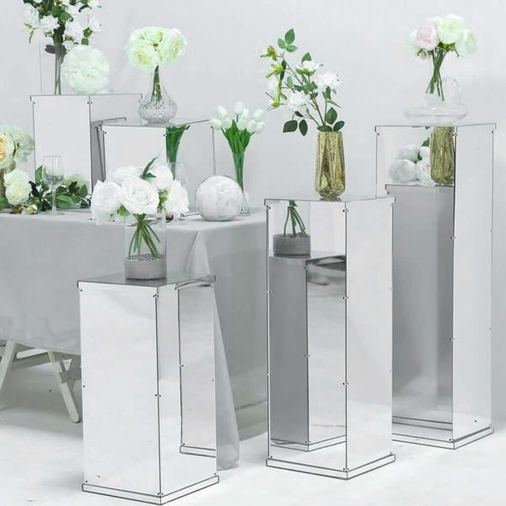 Efavormart 5-Piece Silver Mirror Finish Wedding Decor Set - Clear Display Box for Centerpieces with Interchangeable Lid & Base - Perfect for Bridal Showers, Receptions & Special Events