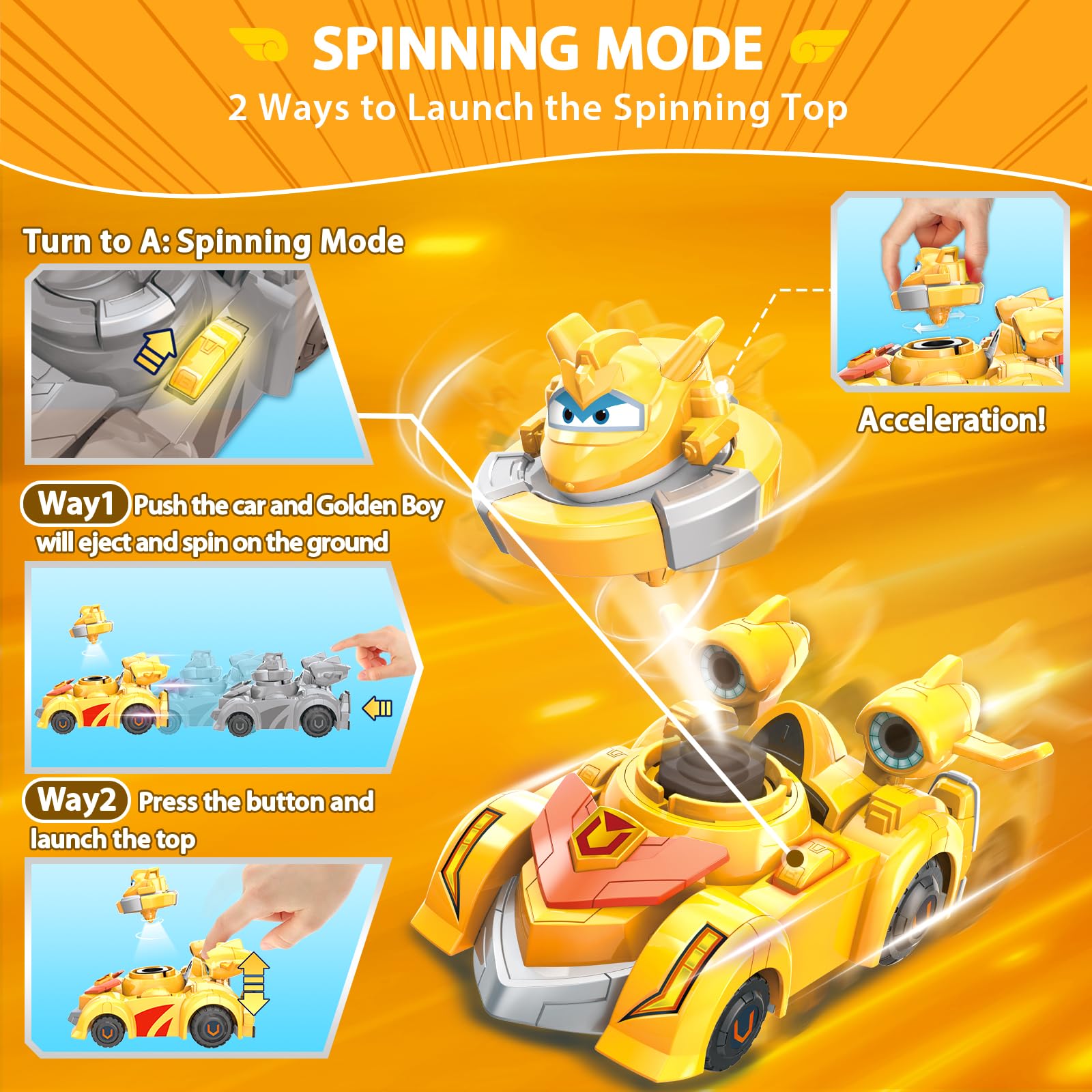 Super Wings Race Car Toys for Kids - 2-in-1 Spinning Tops & Vehicle Set with Golden Boy (5 Pack) - Fun Educational Toys for Boys Ages 3-8 - Perfect for Birthday Gifts, Playtime & Racing Games