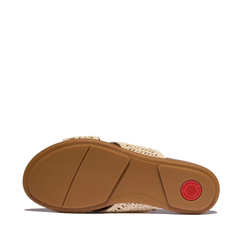 FitFlop Gracie Woven Cross Slide Sandals for Women - Comfortable Summer Slides with Arch Support | Deep Tan/Ivory | Perfect for Beach, Pool & Casual Outings