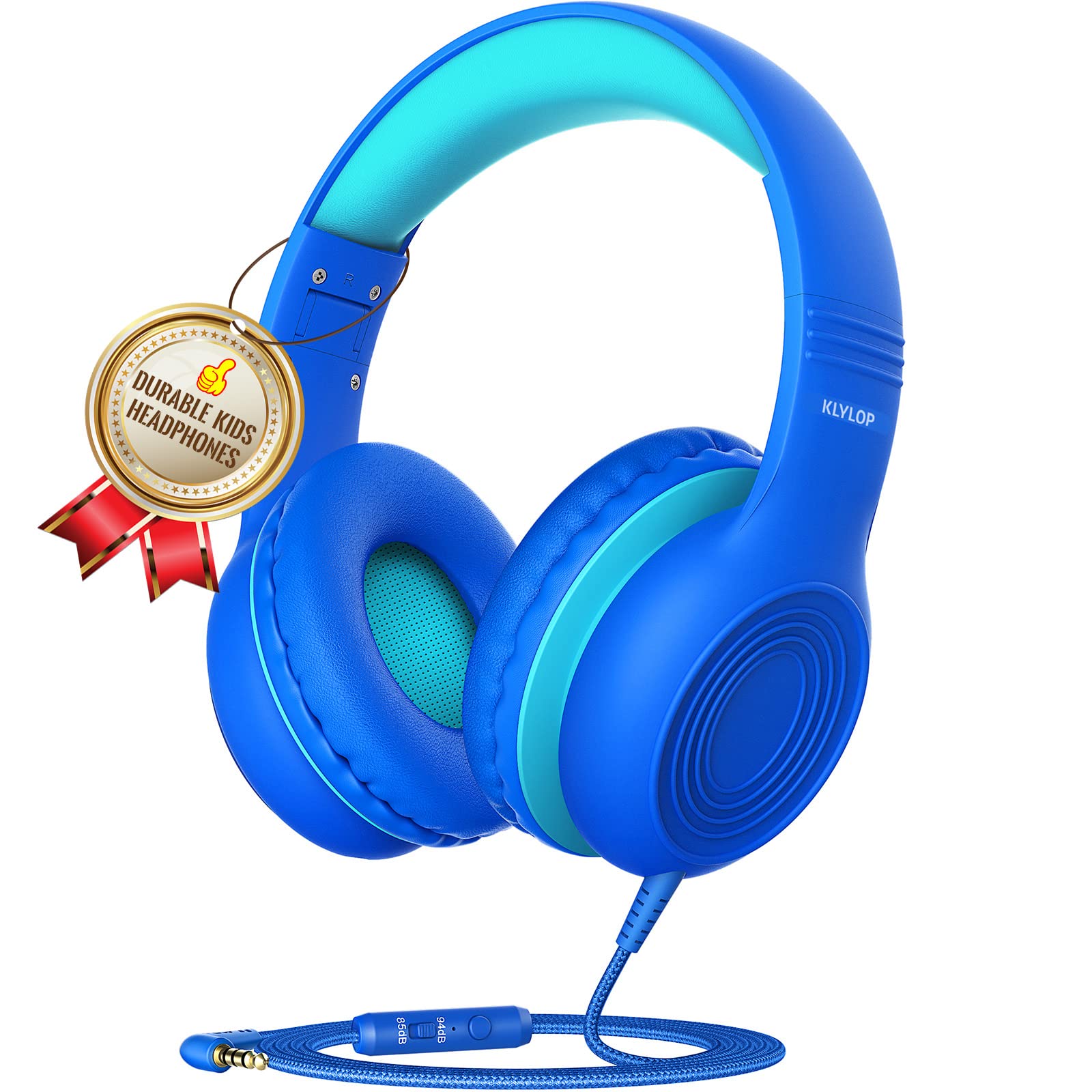 KLYLOP Kids Headphones with Microphone - Wired Over-Ear Headphones for School, 85/94dB Volume Limiter, Share Function for Boys & Girls - Foldable Design for iPad Kindle Fire - Perfect for Online Classes, Travel & Home Learning