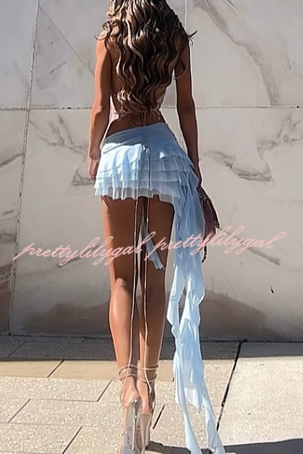Solid Color Pleated Ruffle Ribbon Mini Skirt for Women - Elegant Party Dress, Casual Outfit & Cake Party Attire - Perfect for Birthday Celebrations, Date Nights and Special Occasions