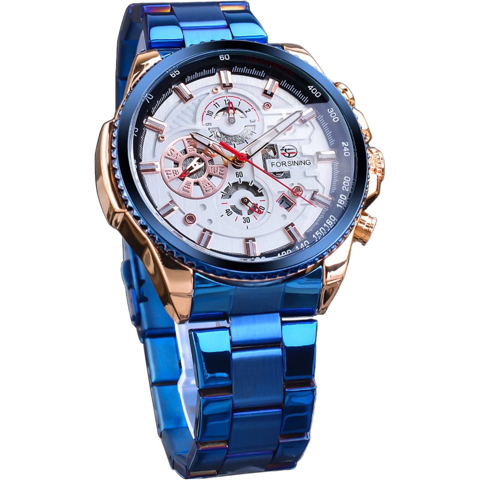 FORSINING Men's Automatic Self-Winding Luxury Stainless Steel Watch - Large Dial, Multifunction (Month/Day/Date, Stopwatch, Tachymeter) - Perfect for Business, Formal Events & Everyday Wear