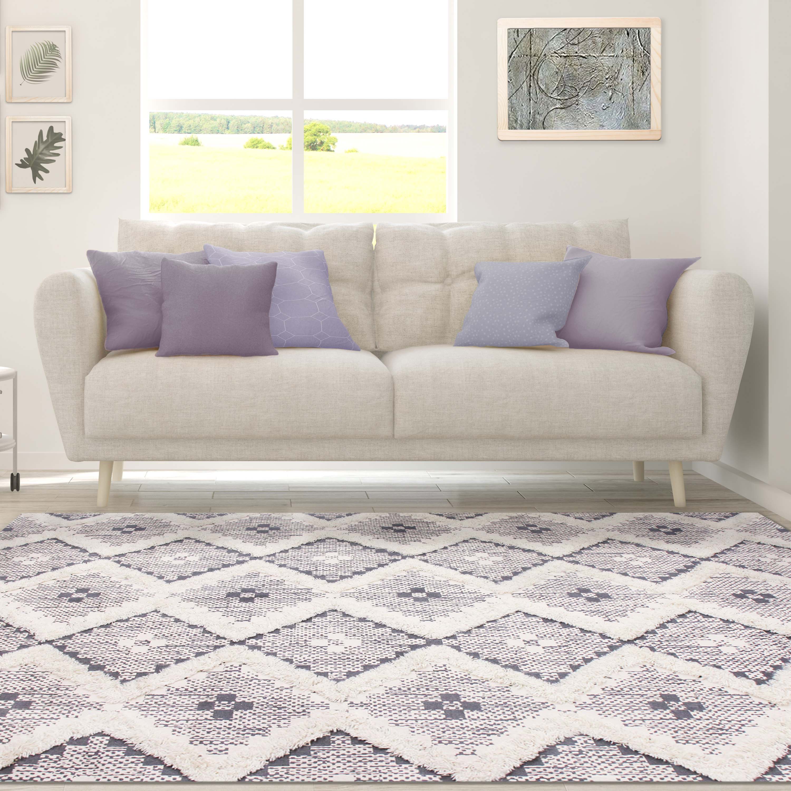 Hand Tufted Cotton Wool Geometric Farmhouse Area Rug - Soft Textured Boho Chic Rug for Living Room, Bedroom, Dining Room Decor