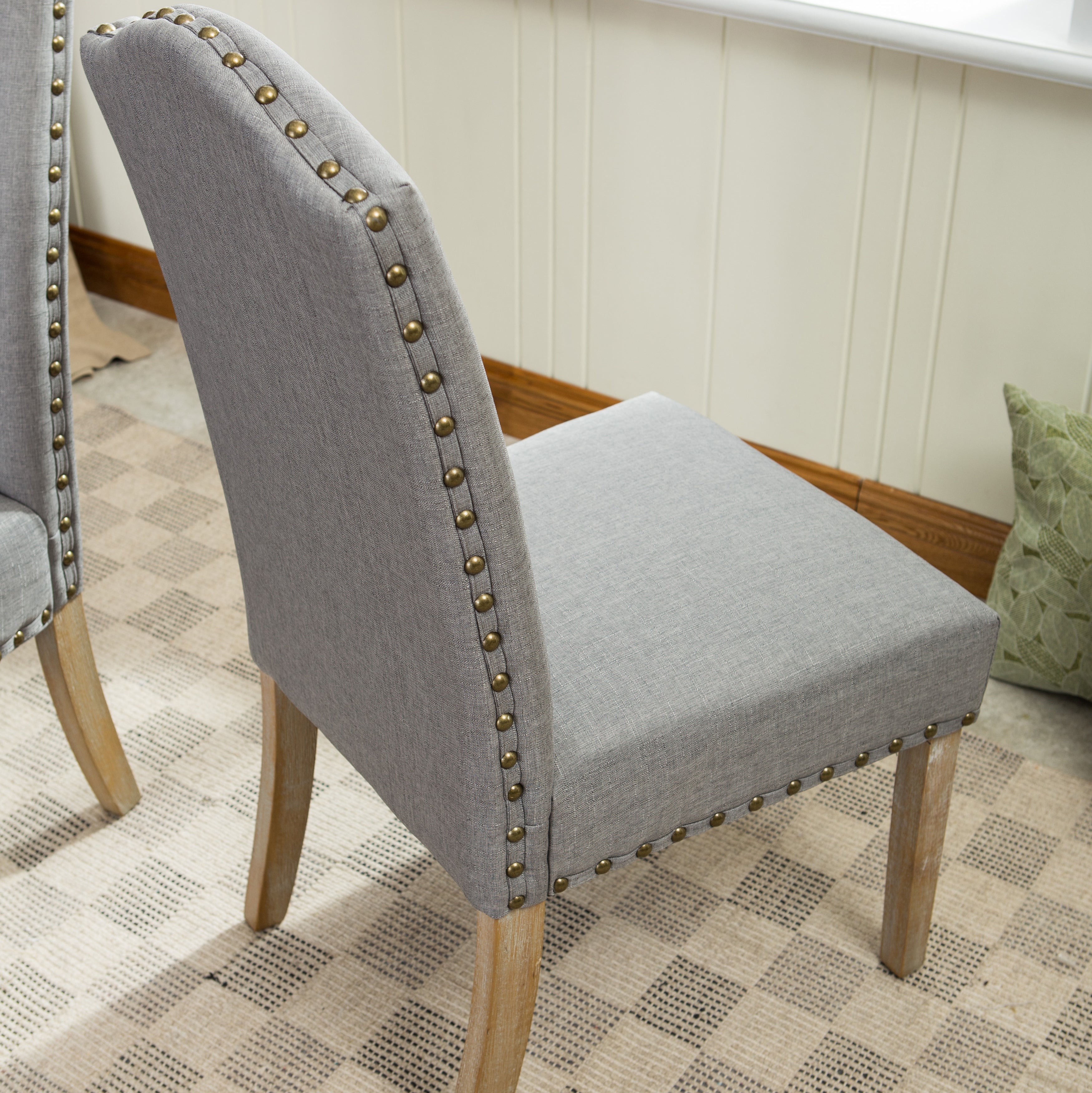 Roundhill Furniture Mod Urban Style Solid Wood Nailhead Fabric Padded Parson Chairs (Set of 2, Grey) - Perfect for Dining Room, Kitchen, Office or Home Decor