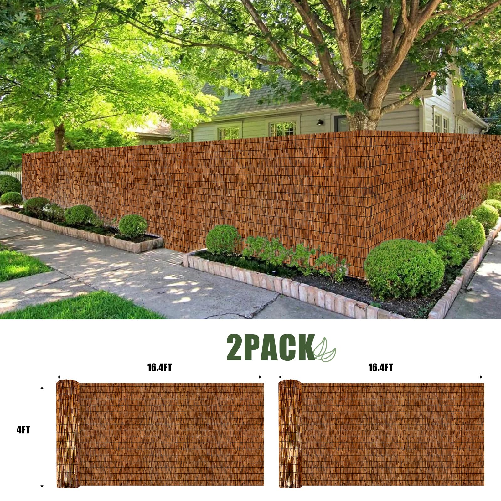 2 Pack Natural Bamboo Reed Fencing Screen - 4FT x 16.4FT Privacy Fence for Outdoor Backyard, Balcony & Patio (Brown) | Weather-Resistant Garden Divider & Decorative Landscape Barrier