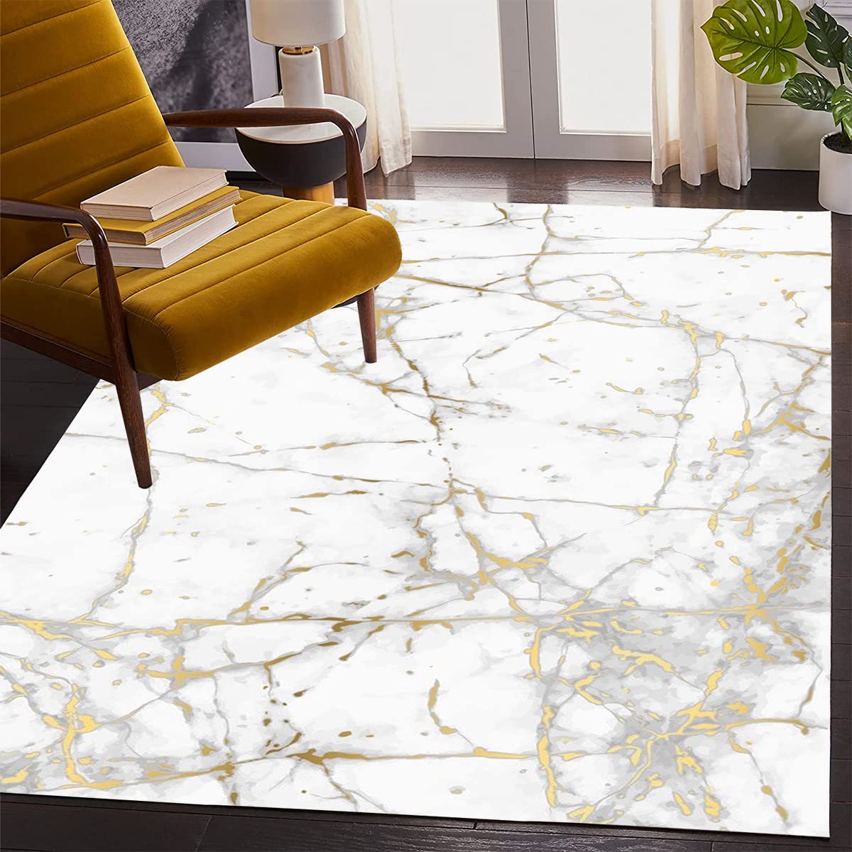 Off White Gold Line Marble Abstract Area Rug - 4x6 Vintage Washable Carpet for Living Room, Bedroom, Dining Room | Mid-Century Modern Farmhouse Decor | Perfect for Hallway, Kitchen Runner & Bathmat Use