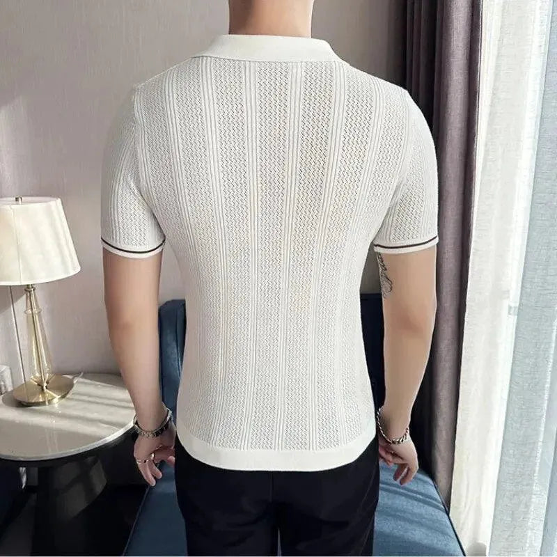Men's Knitted Lapel Short Sleeve Polo Shirt - Breathable Casual Summer Top for Golf, Office & Outdoor Activities