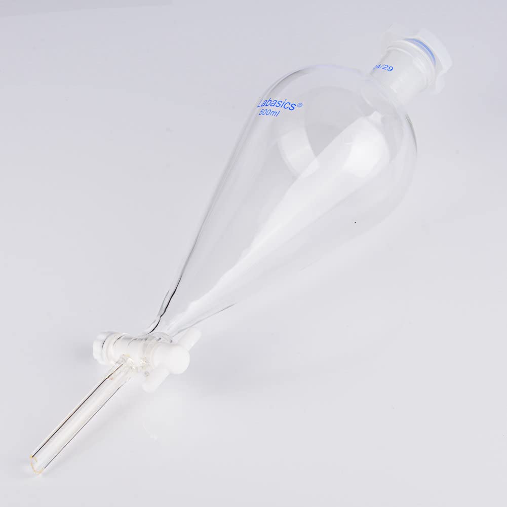 Labasics 500ml Heavy Wall Borosilicate Glass Conical Separatory Funnel with 24/29 Joints & PTFE Stopcock - Ideal for Chemistry Labs, Liquid Extraction, and Scientific Experiments