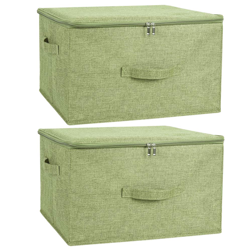 ANMINY 2-Pack Large Foldable Storage Bins with Zipper Lid & Handles - PP Plastic Board & Cotton Linen Fabric Organizer Box for Closet, Clothes, Toys, Home Organization (Green) - Perfect for Bedroom, Nursery, Office & Travel Storage Solutions