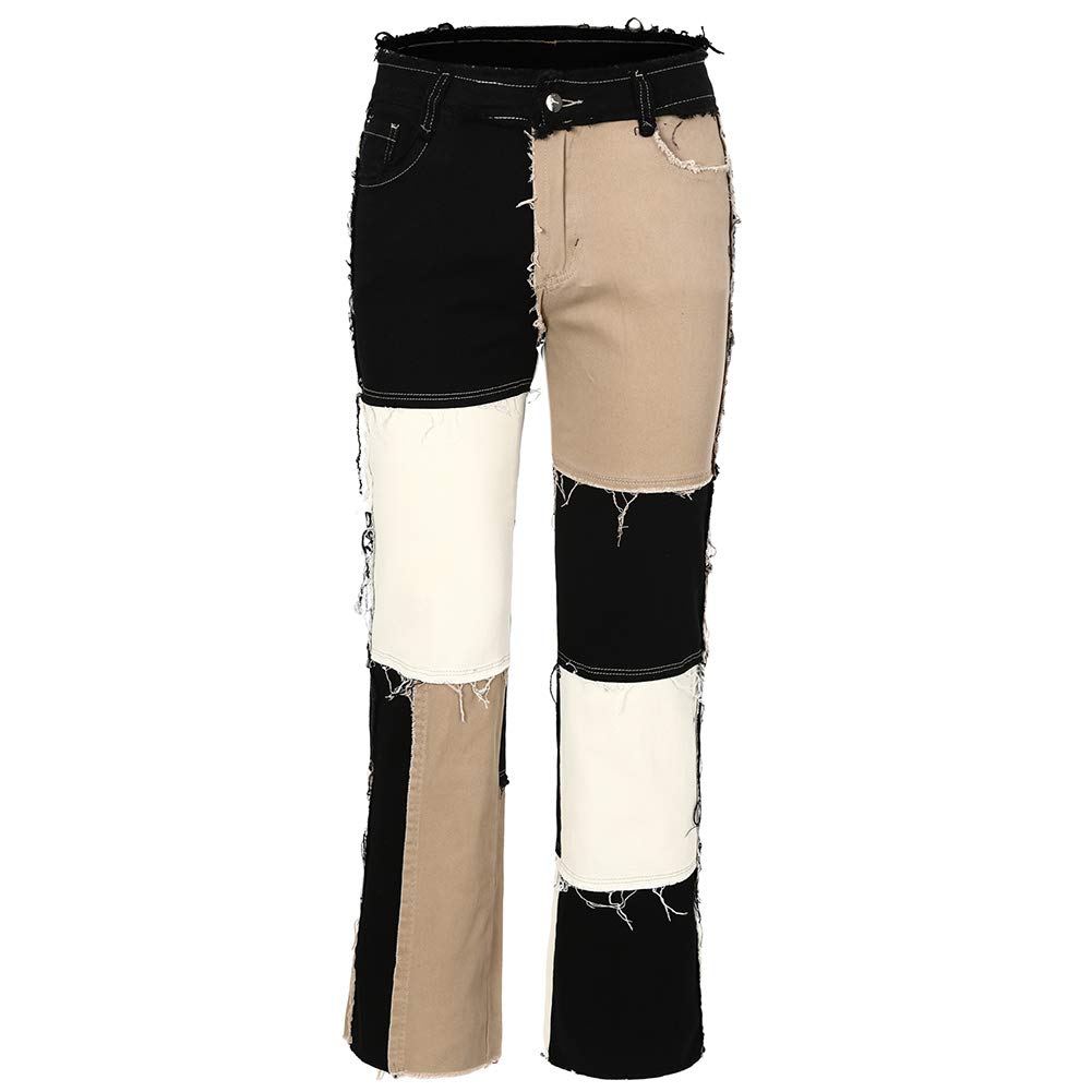 THUNDER STAR Women's Patchwork Straight Leg Jeans - Mid Rise Stretch Denim Pants with Frayed Hem | Casual Wear, Street Style, Everyday Outfits