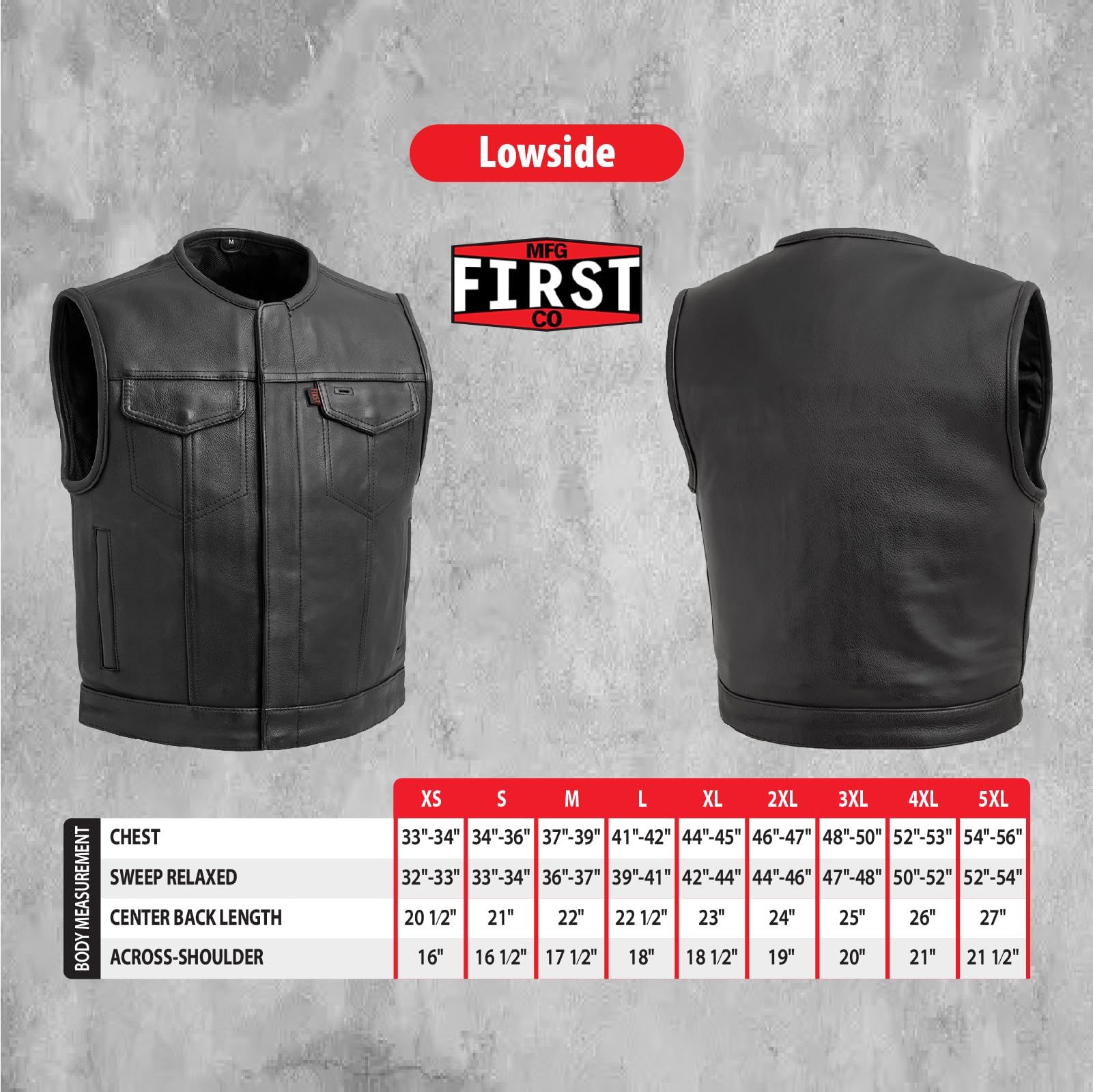 First Mfg Co - Lowside Men's Motorcycle Vest - Premium Biker Riding Gear in Canvas, Leather & Twill - Breathable Perforated Leather Design for Harley Davidson & Cruiser Riders - Perfect for Road Trips & Motorcycle Clubs