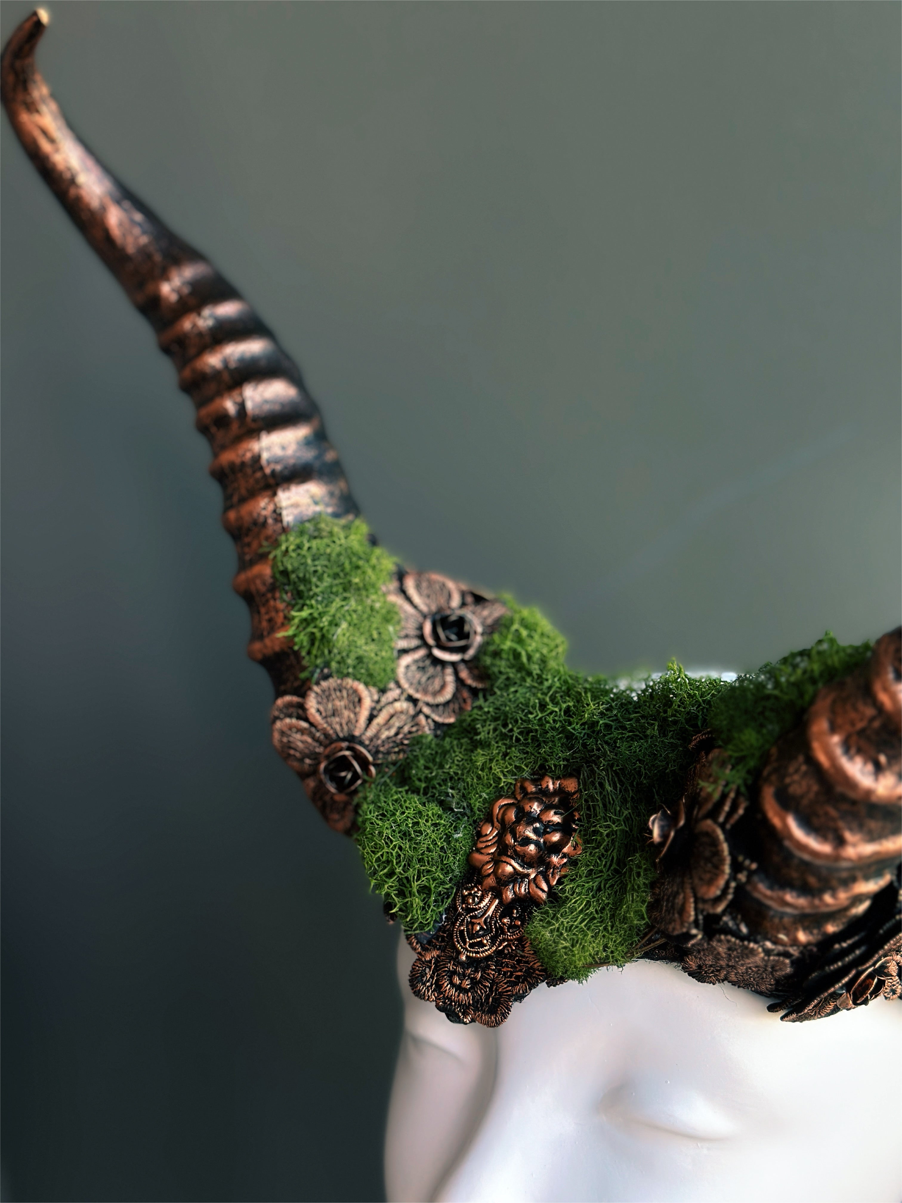 Authentic Long Horn Headdress with Green Moss - Perfect for Cosplay, Halloween Costumes & Native American Themed Events