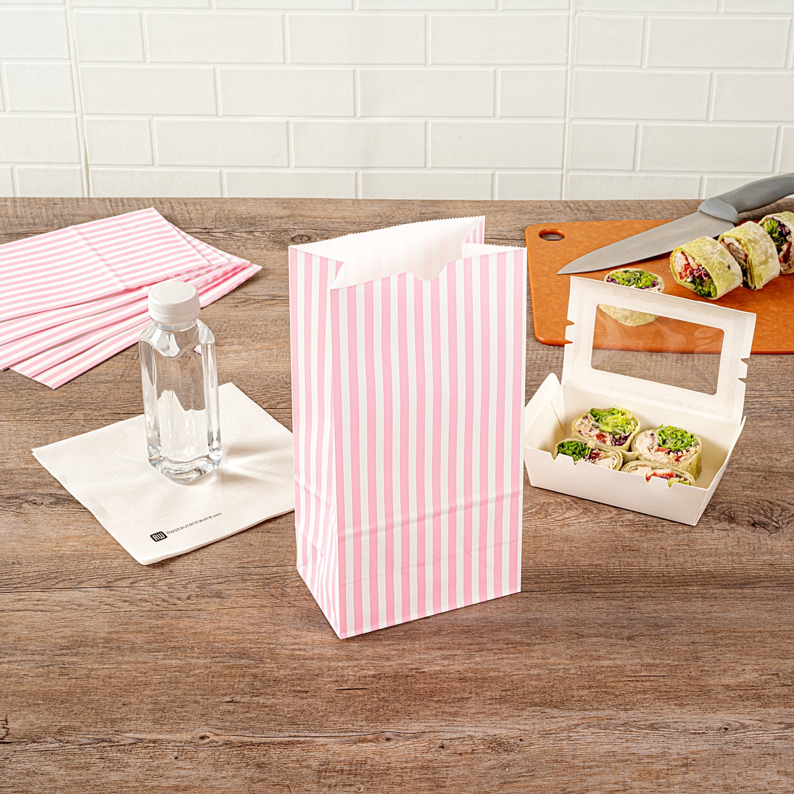 Pink and White Striped Paper Bags - 6 lbs Capacity, 6 x 3.5 x 10.75 Inches - Pack of 100 - Perfect for Party Favors, Gift Packaging, and Retail Shopping Bags