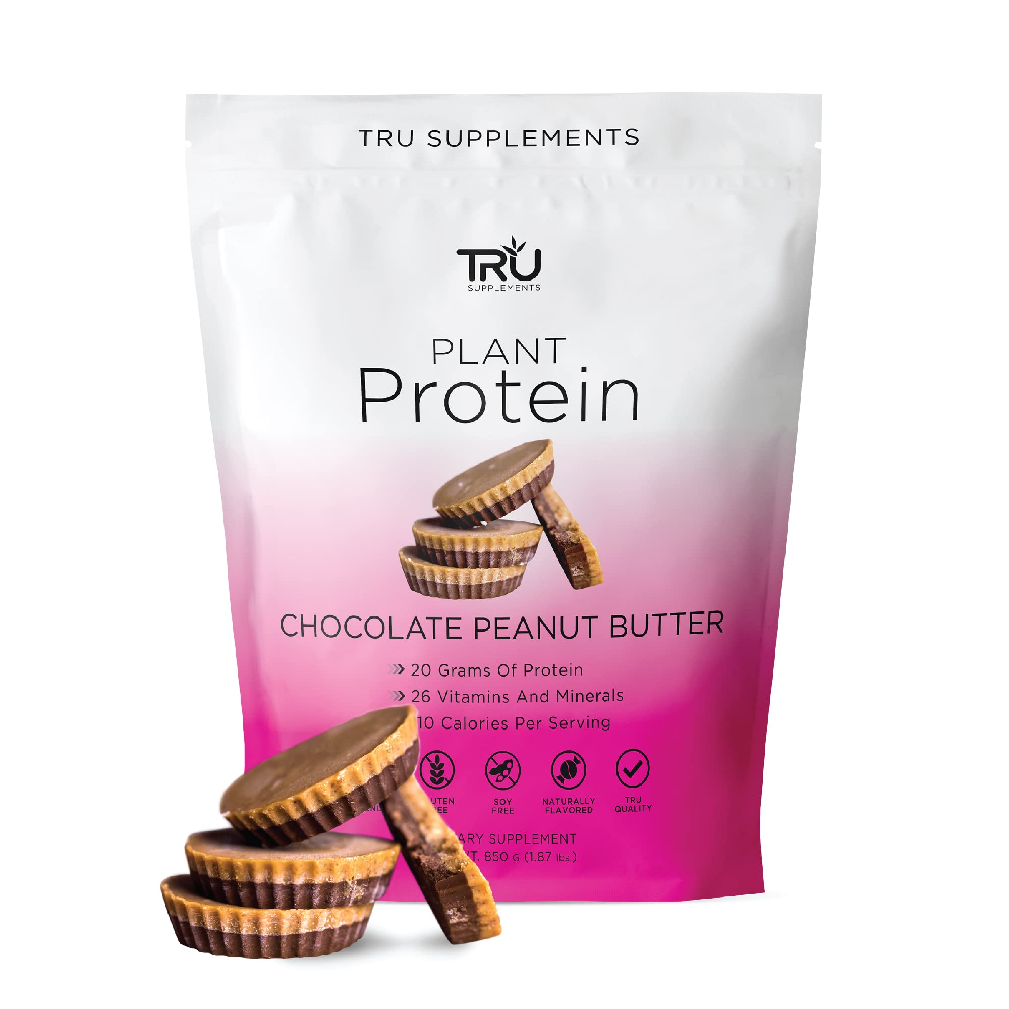 TRU Supplements Vegan Protein Powder - Plant Based Protein with BCAA & EAA, 20g Protein, 100 Calories, 27 Vitamins, No Artificial Flavors, Chocolate Peanut Butter Flavor (25 Servings) - Perfect for Post-Workout Recovery & Muscle Building