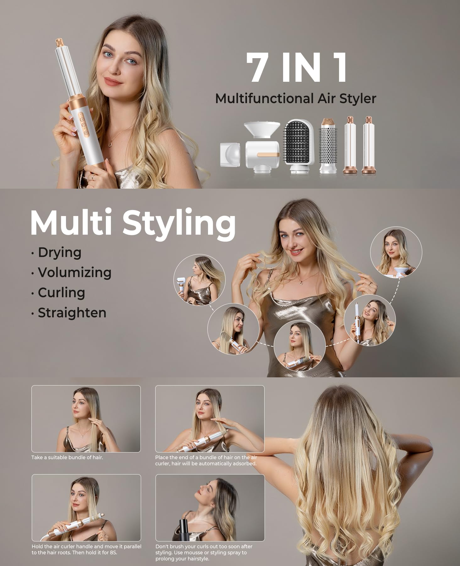 UKLISS Professional Ionic Hair Dryer Brush - 110,000 RPM Hot Air Styler, 7-in-1 Multifunctional Blow Dryer & Curler for Straight, Wavy & Curly Hair | Salon Quality Styling Tool with Negative Ion Technology (White Gold) | Perfect for Home Use, Travel & Salon Styling