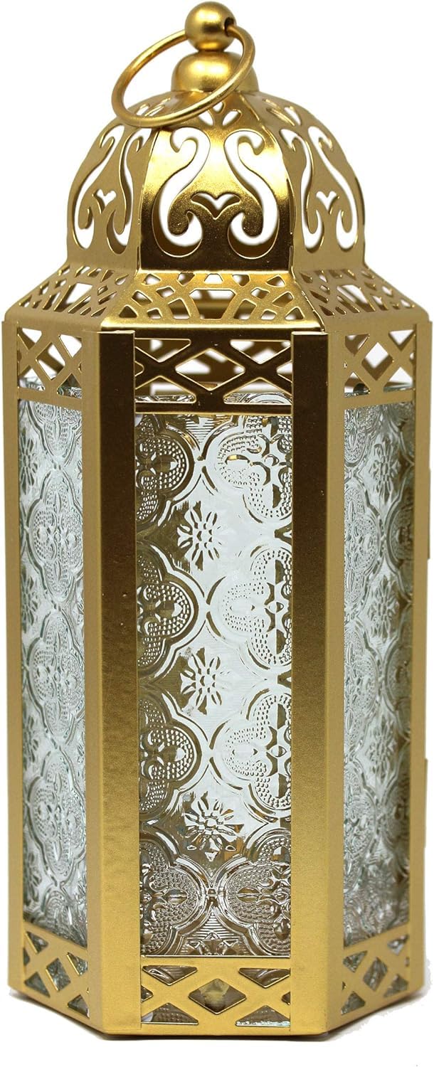 VELA Moroccan Gold Candle Lantern - Decorative Glass Table & Hanging Lamp for Ramadan, Weddings, Home Decor - Indoor Living Room & Outdoor Patio Lighting - Perfect for Romantic Dinners, Garden Parties & Holiday Decorations