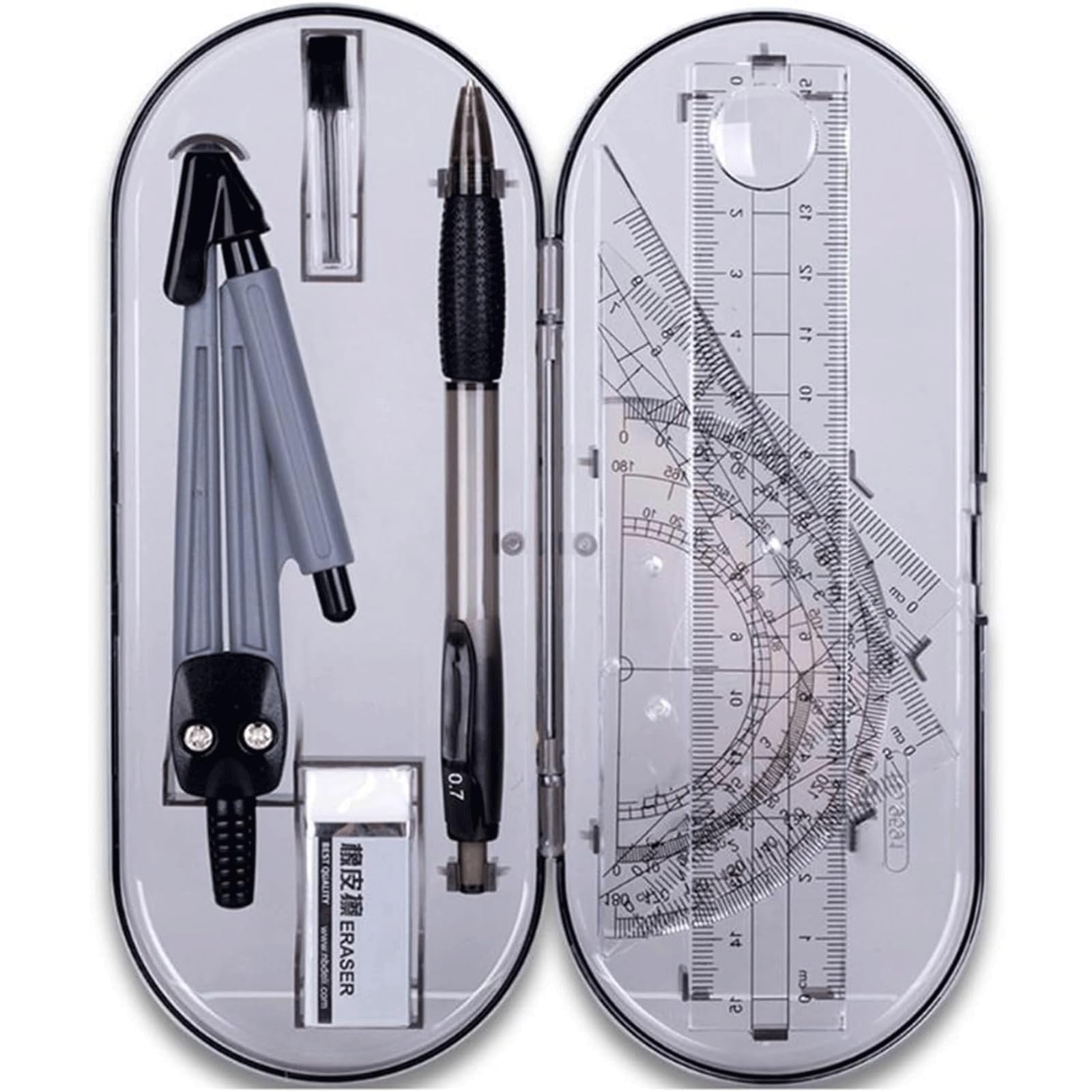 8-Piece Geometry Set with Plastic Math Compass, Automatic Pencil, 2 Triangles, Protractor & Eraser - Perfect for Students, Engineers & Artists - School Supplies, Technical Drawing & Drafting Tools