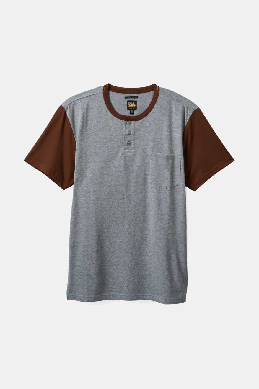 20th Anniversary Detroit Henley Pocket T-Shirt for Men - Heather Grey & Pinecone Brown - Vintage Style Casual Shirt for Everyday Wear, Street Fashion, and Urban Outfits