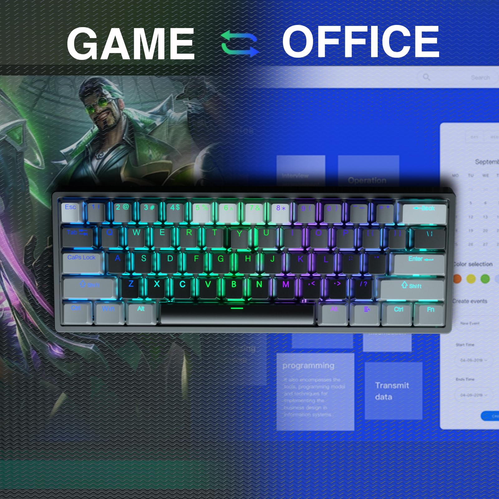 AULA F3261 60% Compact Mechanical Gaming Keyboard with Blue Switches, RGB Backlit, Wired USB for PC, Tablet, PS4, Xbox - Perfect for Esports, Typing & Office Work