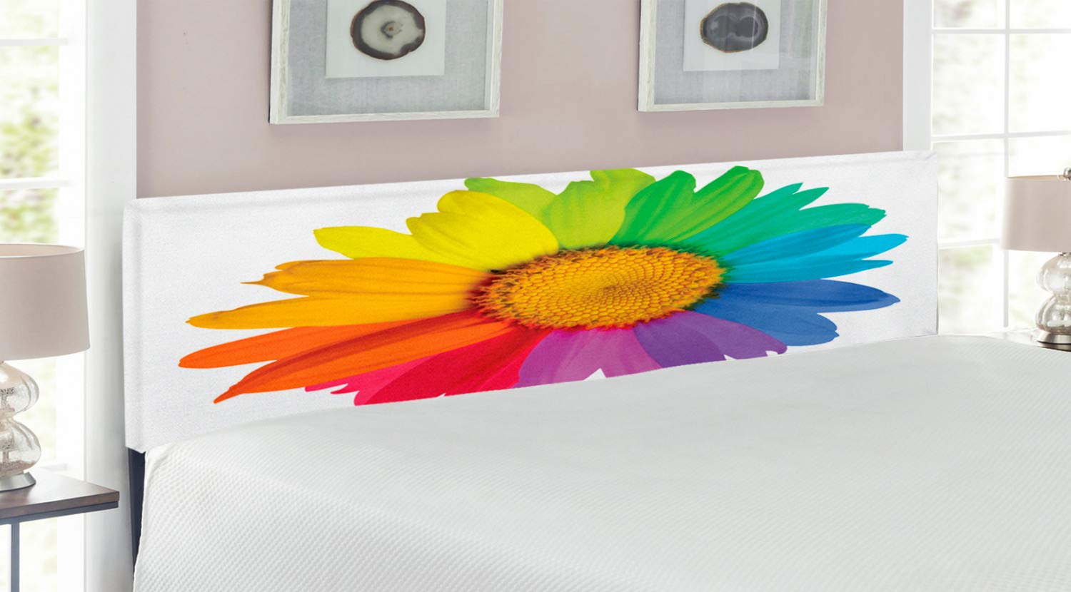 Ambesonne Floral Upholstered Headboard - Vibrant Rainbow Sunflower & Daisy Design, King Size Metal Bed Frame with Memory Foam | Bohemian Chic Decor for Bedroom, Guest Room & Dorm