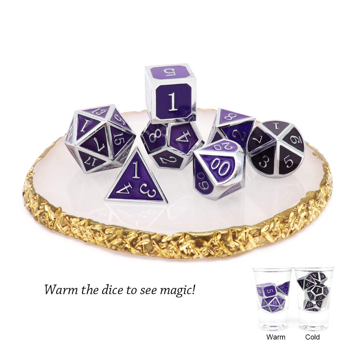 Haxtec Temperature Color Changing Metal D&D Dice Set - Polyhedral RPG Dice for Dungeons & Dragons (Silver Black Purple Shift) - Perfect for Tabletop Gaming & Collectors