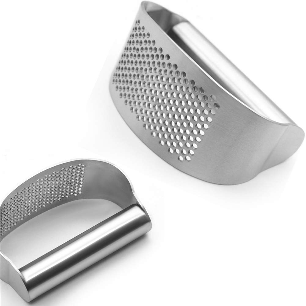 Premium Stainless Steel Garlic Press Rocker - Arc Shape Design for Effortless Crushing & Mincing - Includes 2 Pack Garlic Peeler & Chopper - Perfect for Cooking, Meal Prep & Professional Kitchens