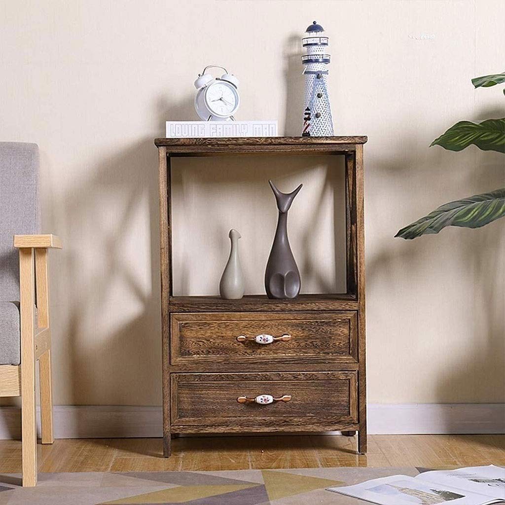 Vintage Wooden Bedside Table with Shelf & 2 Drawers - Shabby Chic Nightstand for Bedroom, Living Room, Porch | Compact Side Cabinet with Storage for Small Spaces