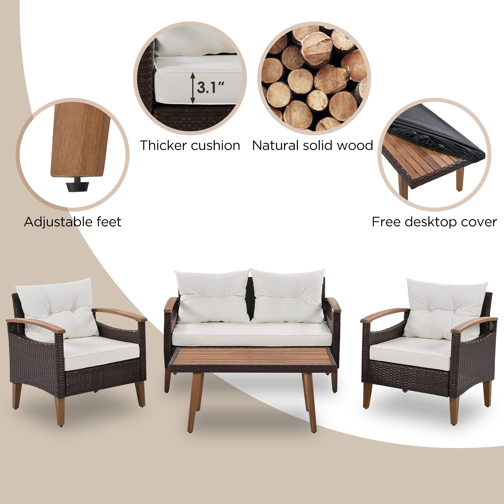 4-Piece Rattan Patio Conversation Set with Cushions & Coffee Table - Outdoor Furniture for Backyard, Porch, Poolside (Beige) | Perfect for Relaxing, Entertaining & Lounging in Your Garden or Terrace