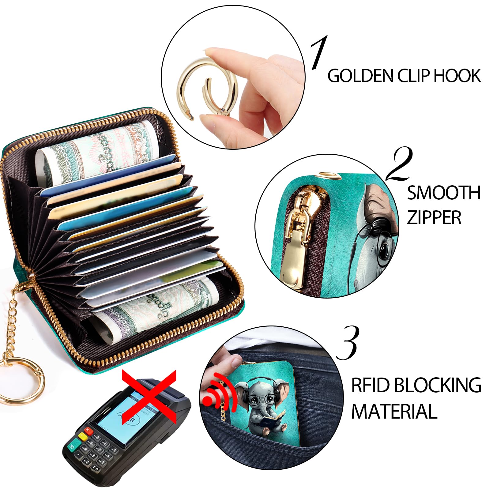 RFID Blocking Credit Card Holder Wallet for Women - Compact Leather Zipper Card Case with Keychain, Funny Print Design - Perfect for Travel, Shopping & Everyday Use