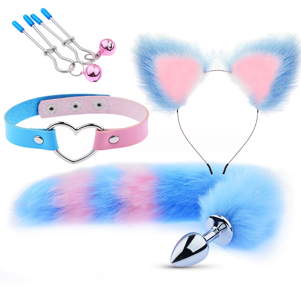 Fox Tail Butt Plug Set with Ears & Nipple Clips - Blue Sex Toy for Women & Couples Play