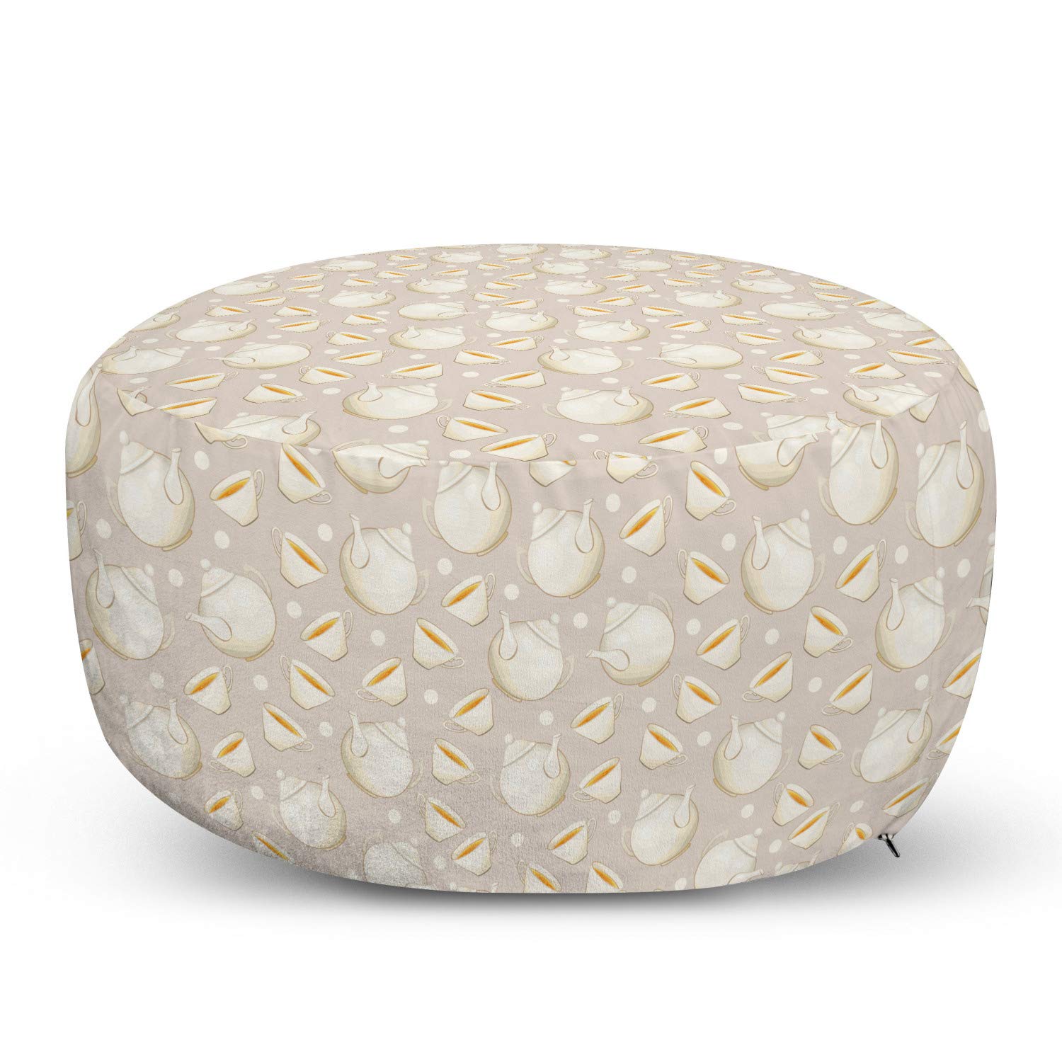Ambesonne Tea Party Ottoman Pouf - Floating Teapots & Cups Print with Polka Dots - Soft Foot Rest with Removable Cover - Living Room & Bedroom Decor - Pale Tan Marigold White - Perfect for Cozy Tea Time & Relaxing