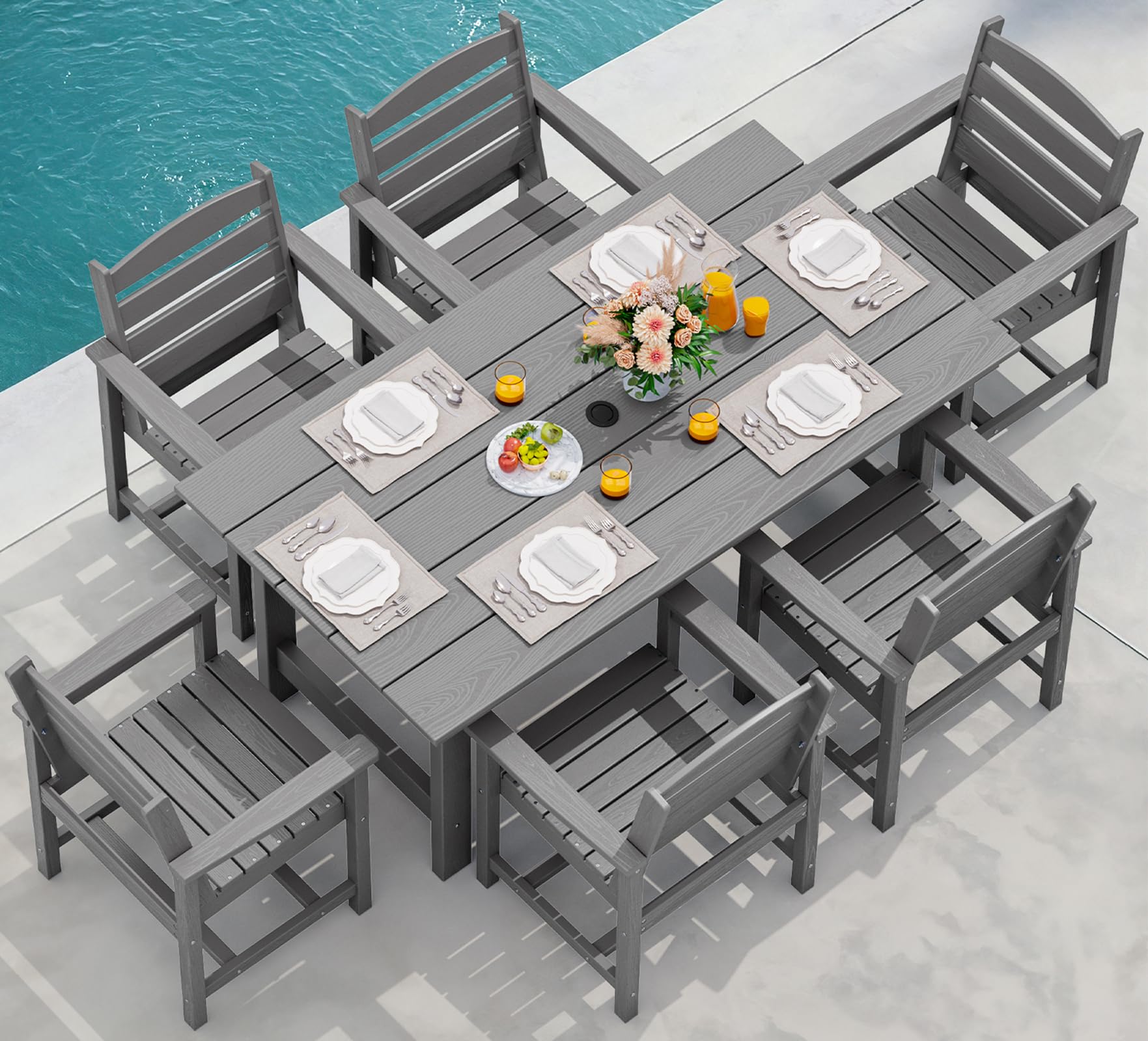 SERWALL 7-Piece Outdoor Dining Set with Umbrella Hole - HDPE Gray Patio Table & 6 Chairs - Perfect for Backyard, Garden, Poolside & Outdoor Entertaining