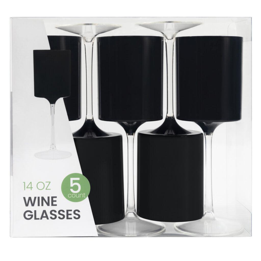 Premium 14 Oz Two-Tone Black & Clear Plastic Wine Goblets - Set of 5 - Shatterproof Cups for Outdoor Parties, Weddings, and Picnics