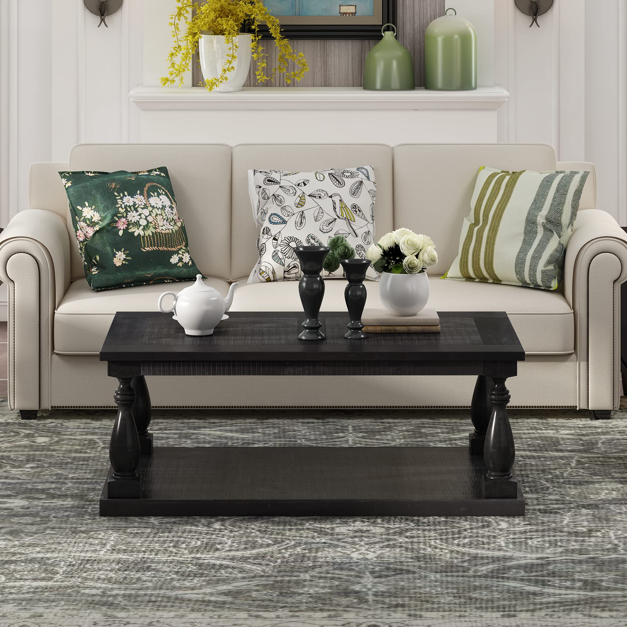 Rustic Solid Pine Wood Floor Shelf Coffee Table with Storage - Perfect for Living Room, Bedroom & Home Office Organization