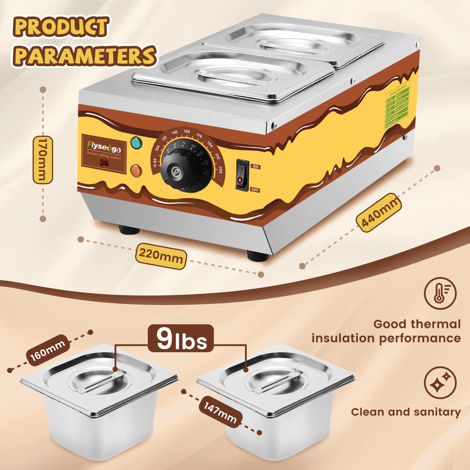 Professional Chocolate Melting Machine with 2 Tanks (9lbs Capacity) - 86-230℉ Temperature Control for Tempering, Candle Making & Food Warming - Commercial & Home Use - Perfect for Bakeries, Candy Shops & DIY Chocolate Crafts