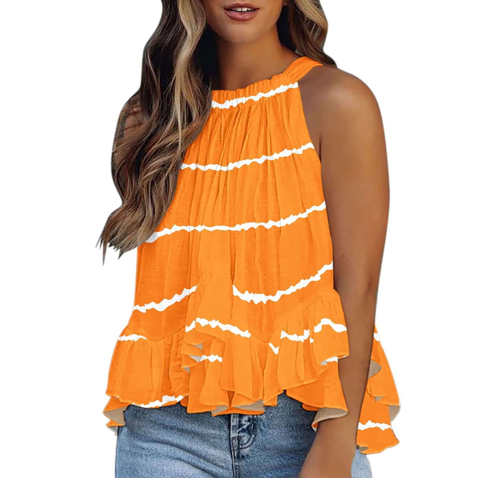 Women's Sleeveless Halterneck Babydoll Flowy Blouse - Casual Floral Print Ruffle Hem Pleated Tank Top for Summer Beach & Party Wear