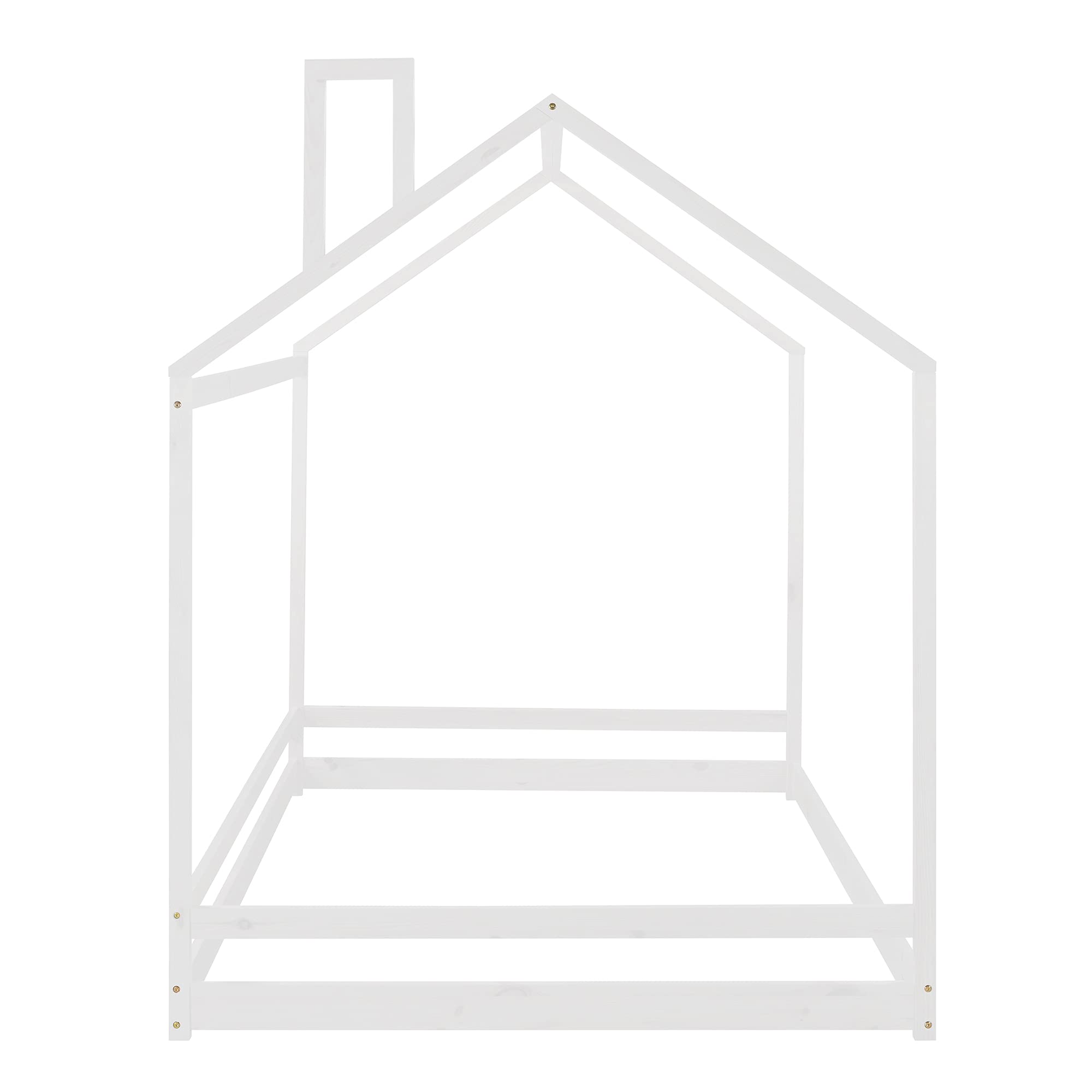 Full Size Wood House Bed Frame with Roof - Sturdy Floor Bed for Kids, Toddlers, Boys & Girls - White - Perfect for Nursery, Bedroom & Playroom Decor