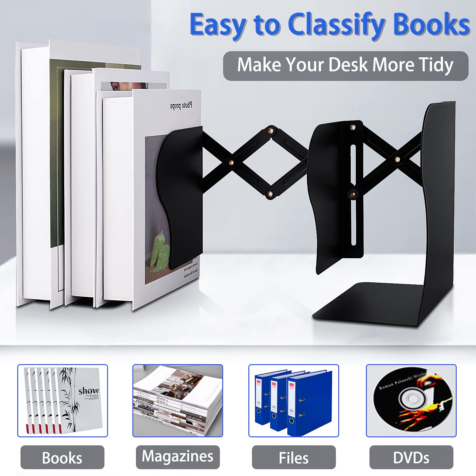 Non-Slip Metal Bookends for Home & Office - Carooyac Adjustable Heavy Duty Book Holder, Kids Bookshelf Organizer & Magazine Stand - Perfect for Desks, Shelves & Study Rooms