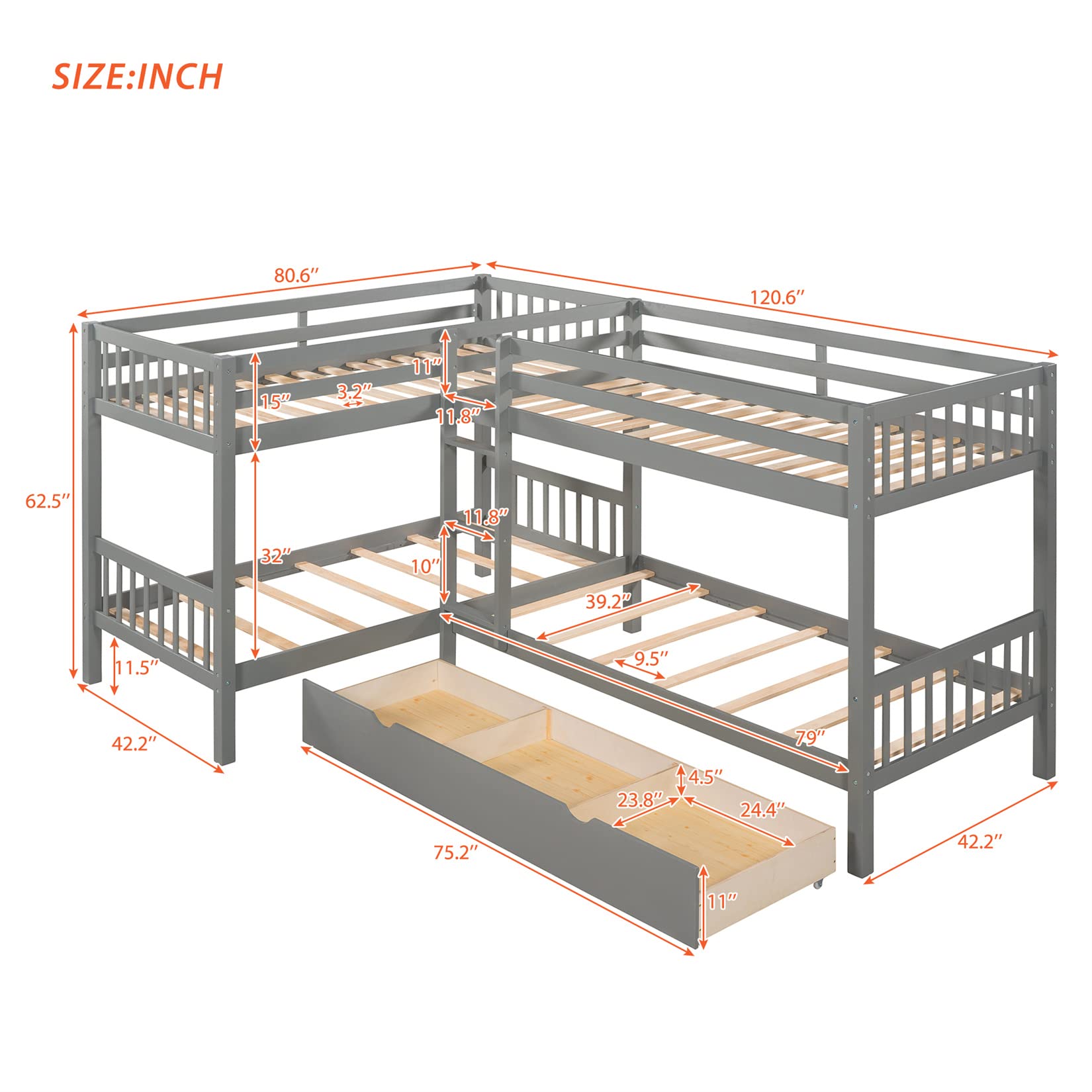 L-Shaped Bunk Bed with Storage Drawers - Twin Over Twin Quad Bunk Bed for Kids, Teens, Boys & Girls - Sturdy Wooden Frame in Gray - Perfect for Small Bedrooms, Shared Kids Rooms & Vacation Homes