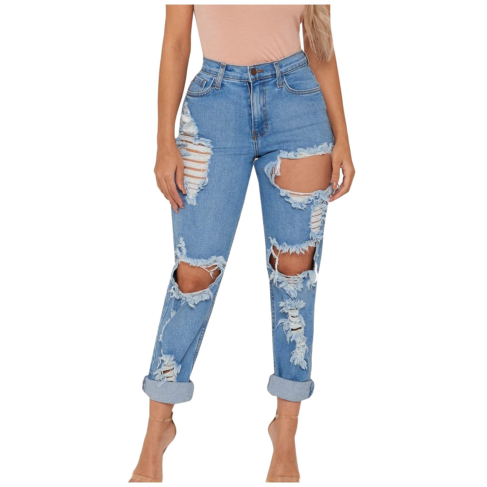 Eaktool Women's Boyfriend Jeans - High Rise Wide Leg Ripped Skinny Straight Bootcut Jeans | Distressed Patchwork Denim Pants for Teen Girls (XXL, Blue) | Perfect for Casual Wear, Dating & Street Style Fashion